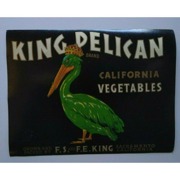 King Pelican Humanized With Crown Vegetable Crate Label Vintage Original 1930's - Picture 3 of 3